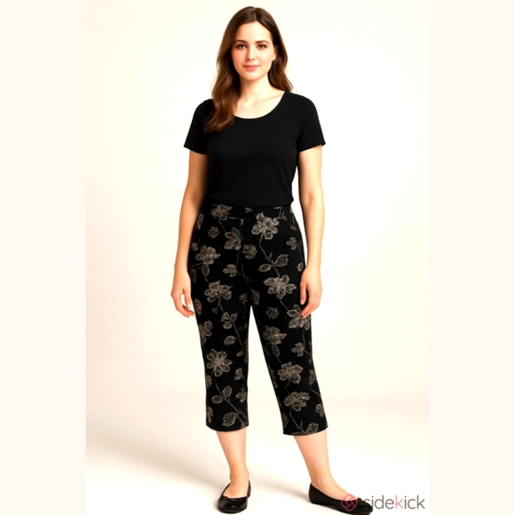 Tommy Bahama Pants - Silk Pants cropped ankle Black Tan Embroidered floral Straight Leg Fairy Grunge